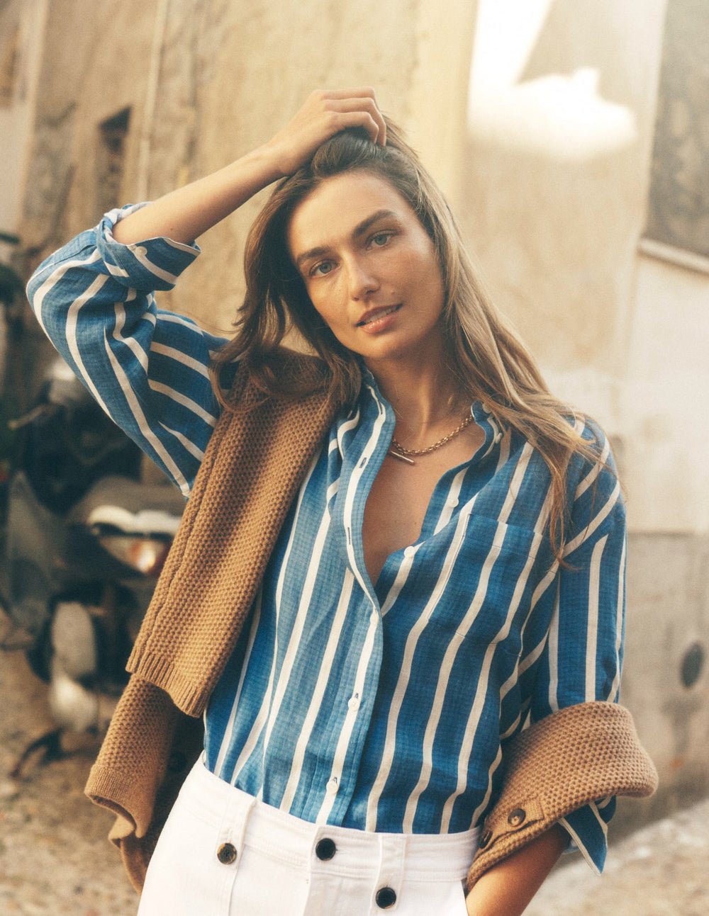 Boden Sadie Relaxed Linen Shirt - Bright Blue Woven Breton