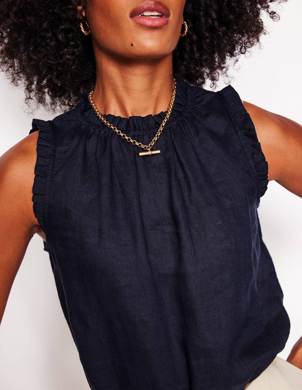 Boden Sophie Ruffle Linen Top - Navy