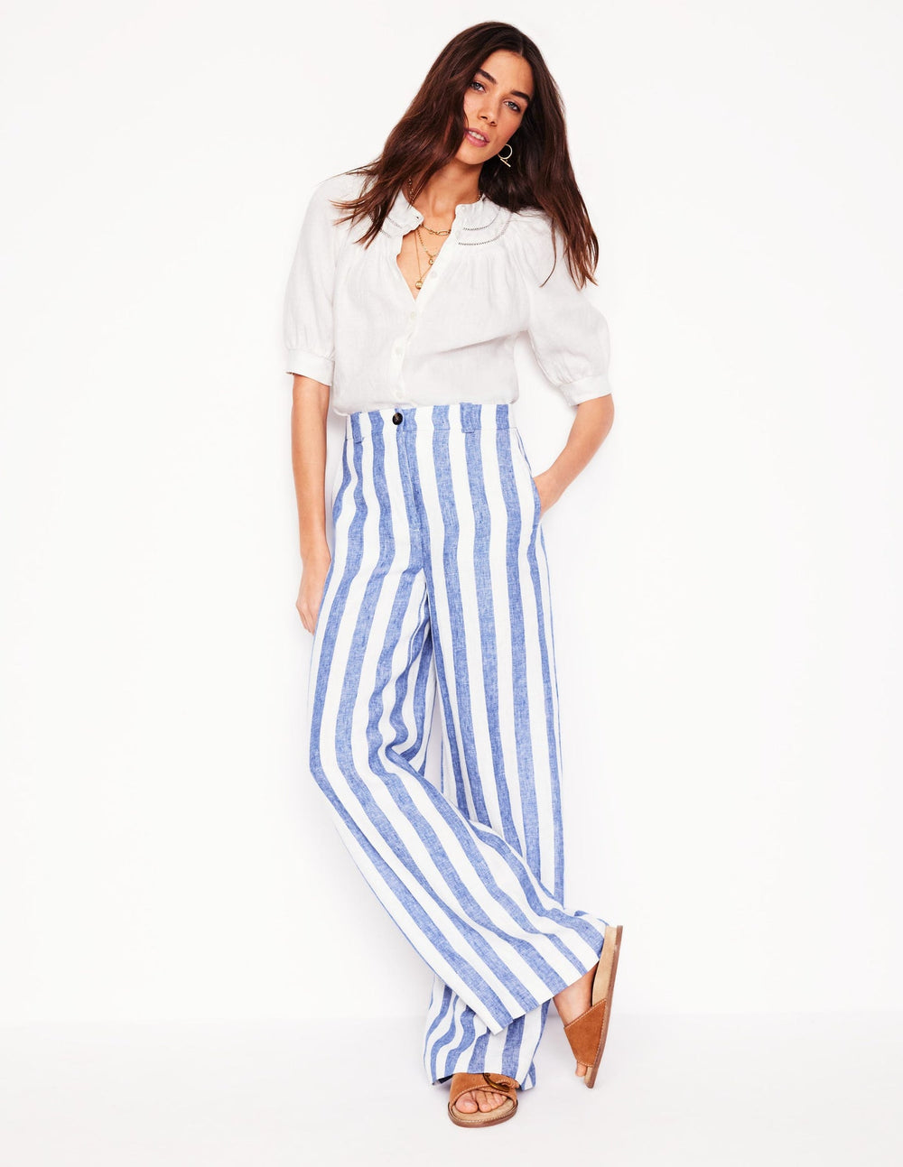 Boden Westbourne Linen Pants - Bright Blue Stripe