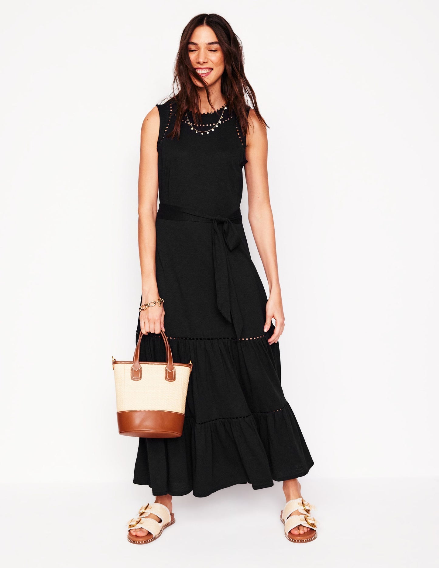 Boden Mila Trim Tiered Jersey Dress - Black
