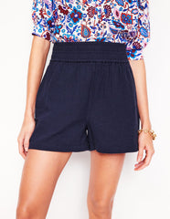 Boden Smocked Double Cloth Shorts - Navy