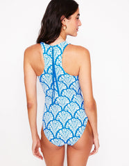 Boden Sporty Zip Back Swimsuit - Bright Blue, Blossomy