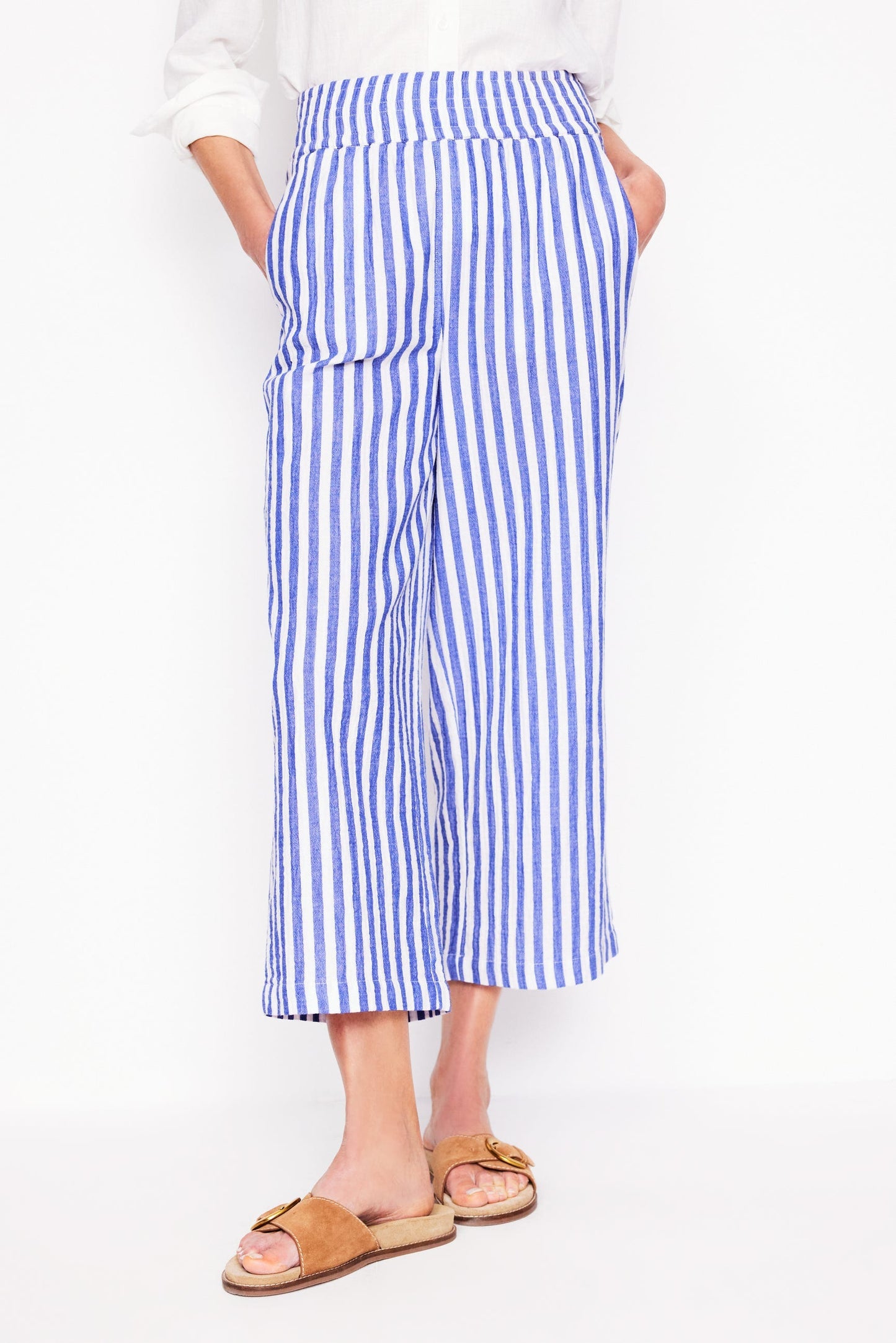 Boden Cropped Double Cloth Pants - Bright Blue Stripe