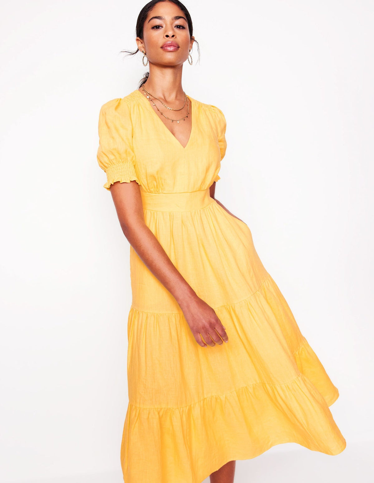 Boden Anna Linen Tiered Midi Dress - Buttermilk Yellow