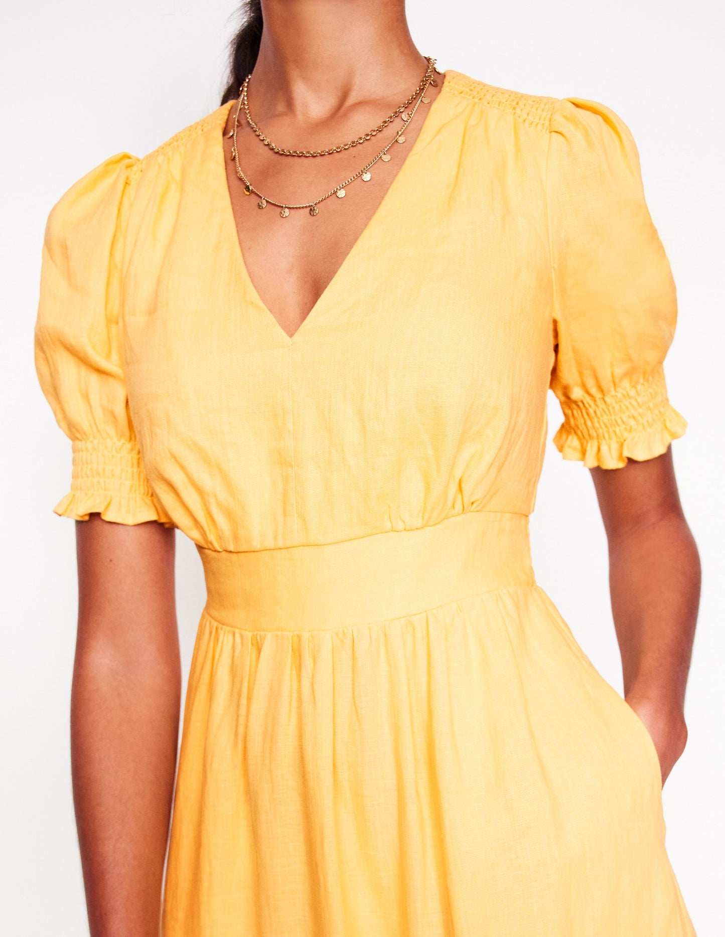 Boden Anna Linen Tiered Midi Dress - Buttermilk Yellow