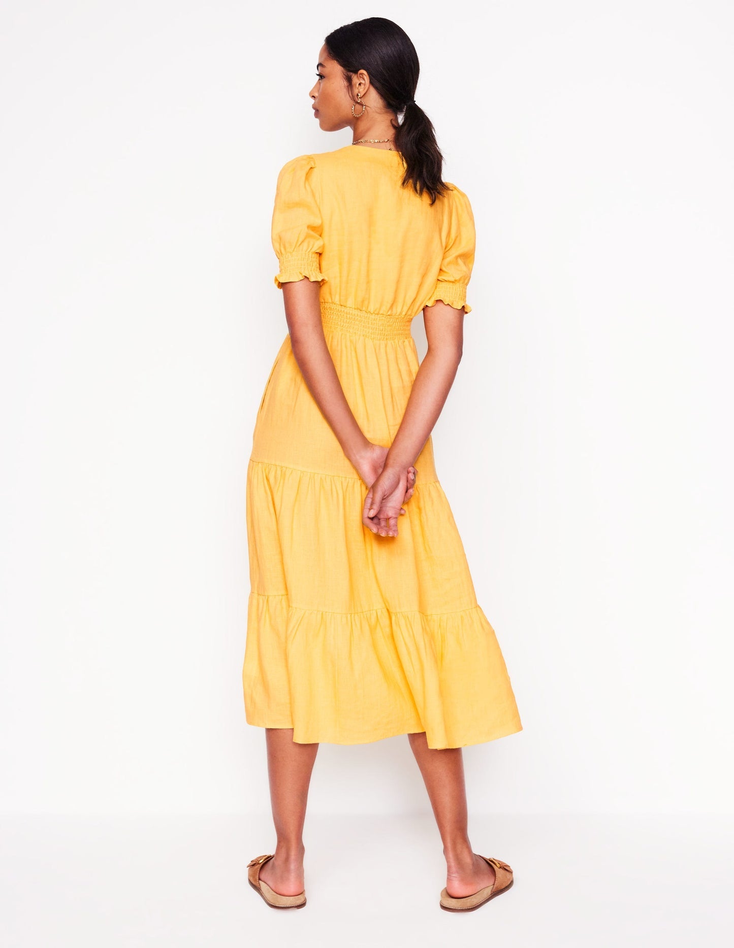 Boden Anna Linen Tiered Midi Dress - Buttermilk Yellow