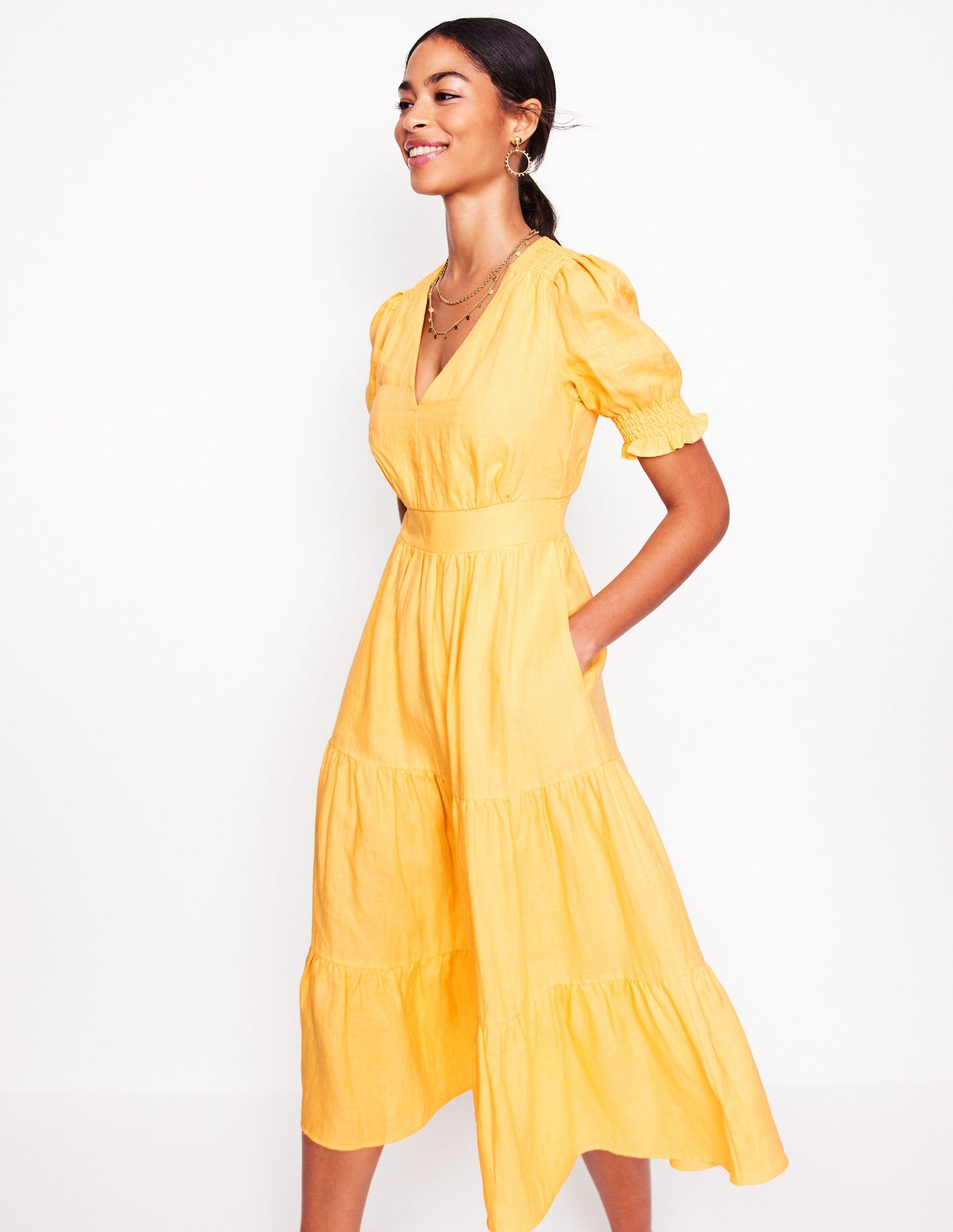 Boden Anna Linen Tiered Midi Dress - Buttermilk Yellow