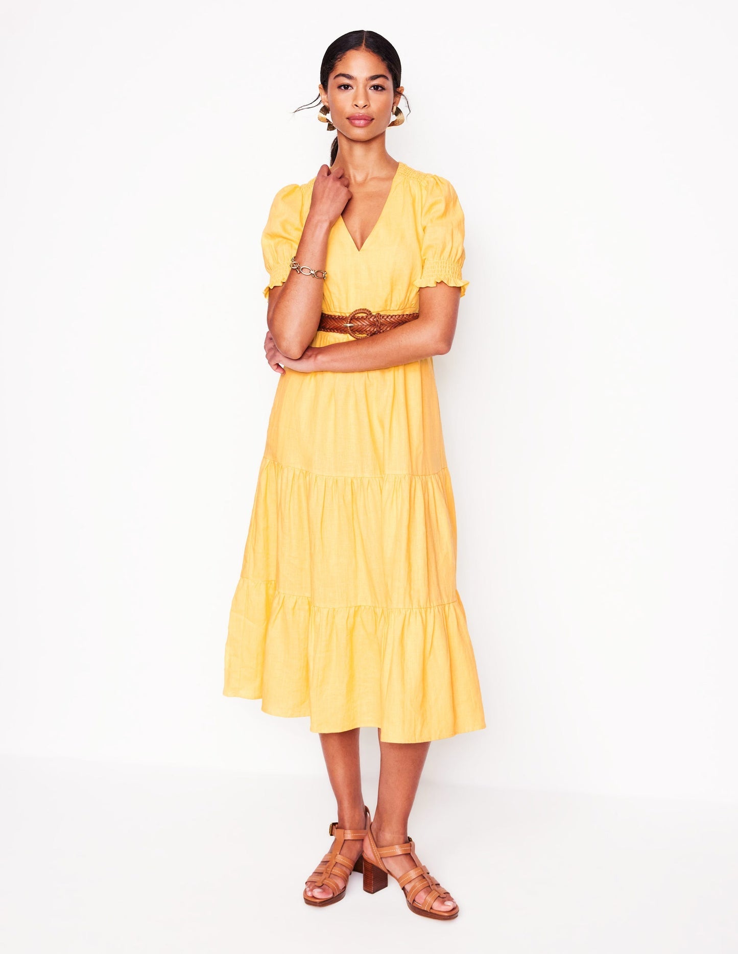 Boden Anna Linen Tiered Midi Dress - Buttermilk Yellow