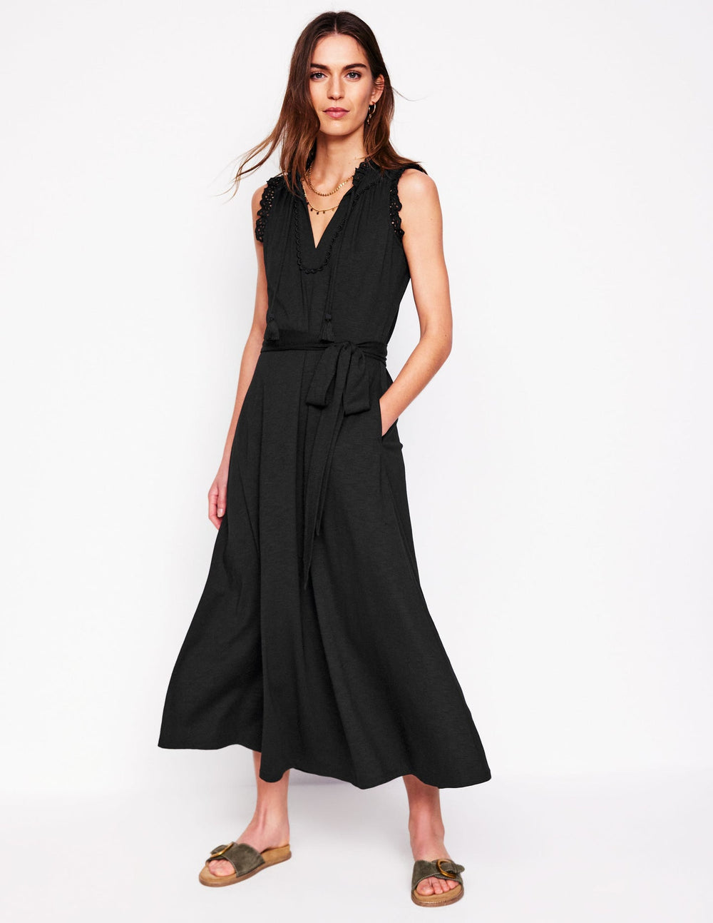 Boden Aria Broderie Trim Midi Dress - Black