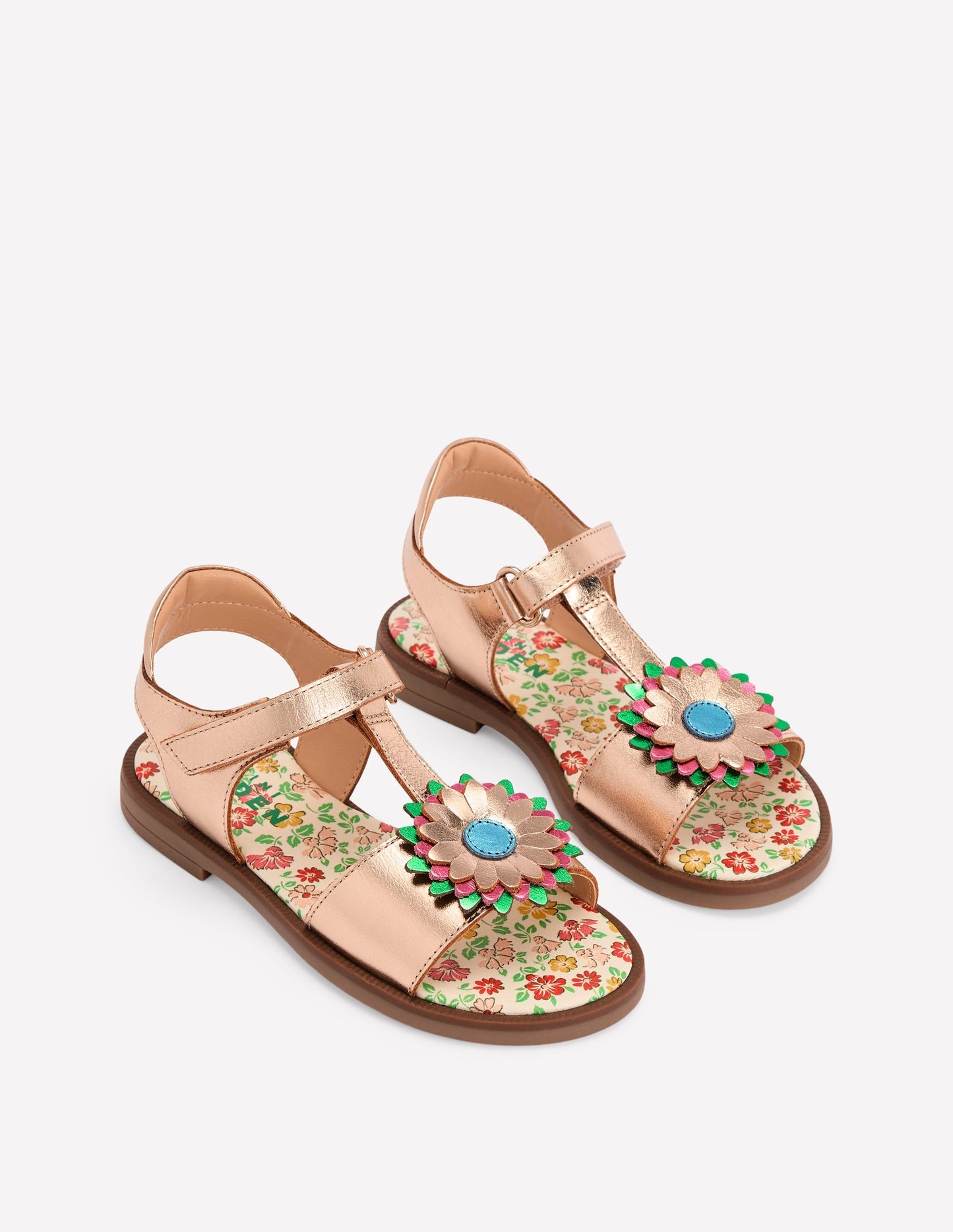 Boden Fun Leather Sandals - Gold Metallic Flower