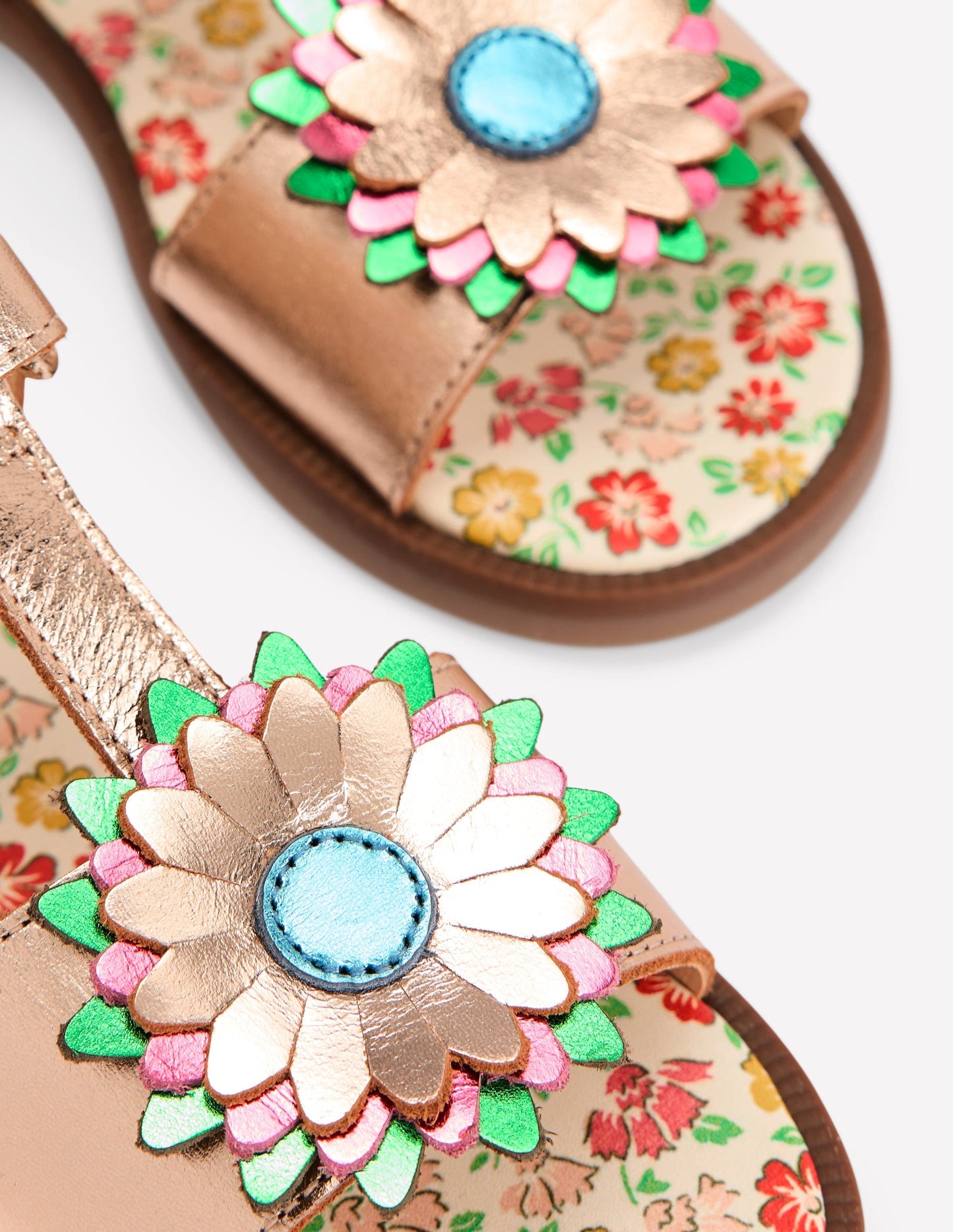 Boden Fun Leather Sandals - Gold Metallic Flower