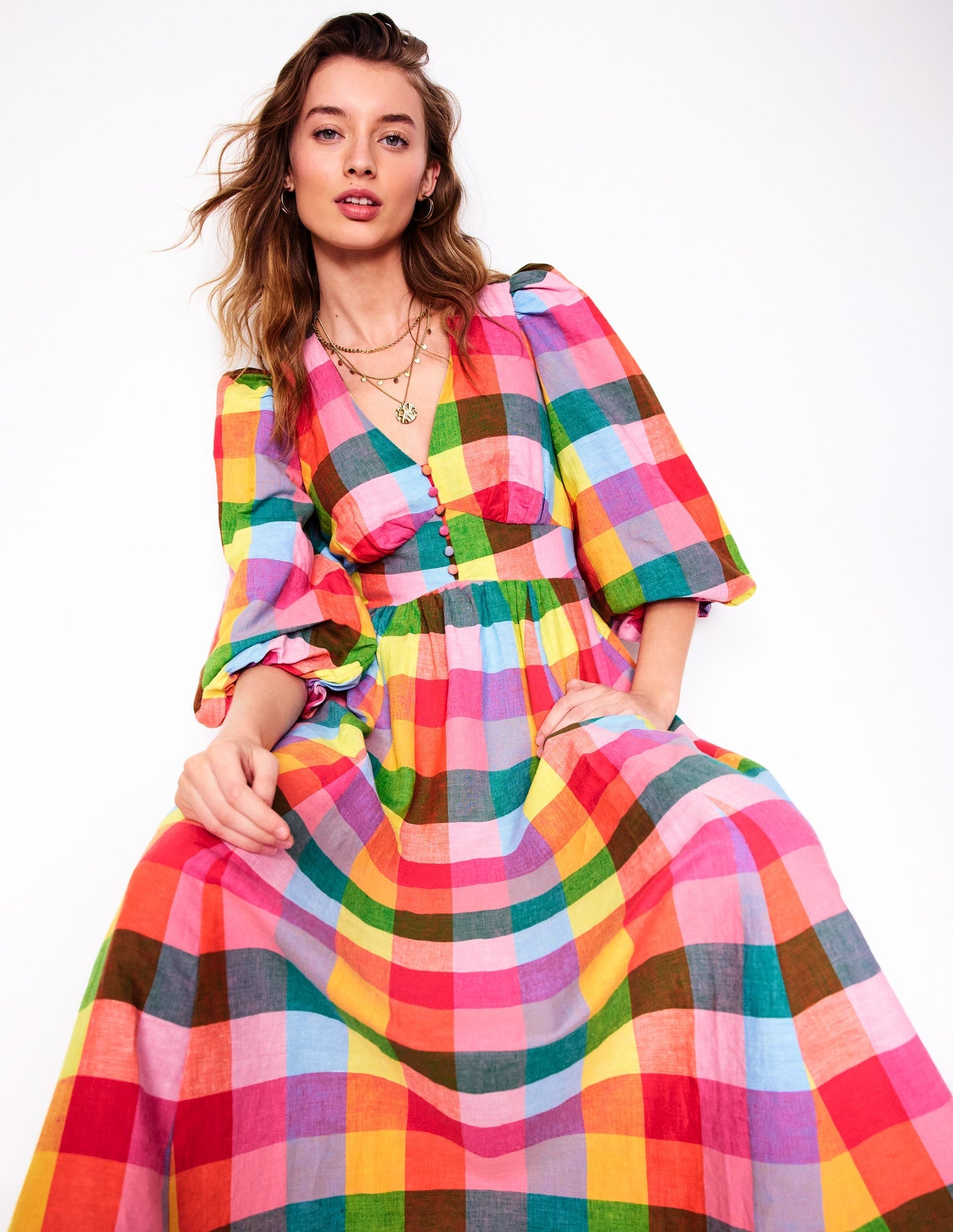 Boden Lola Blouson Maxi Dress - Rainbow Multigingham
