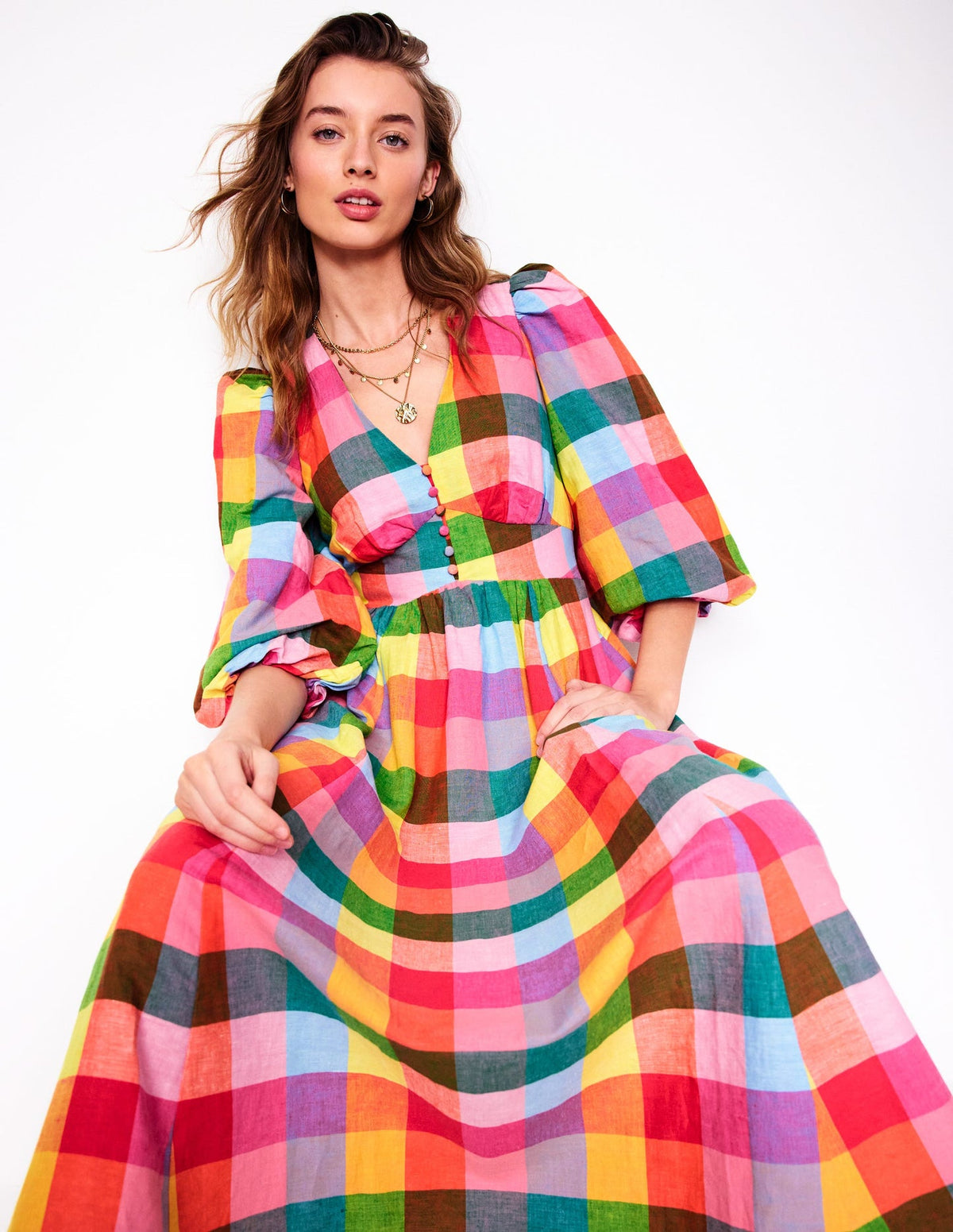 Boden Lola Blouson Maxi Dress - Rainbow Multigingham