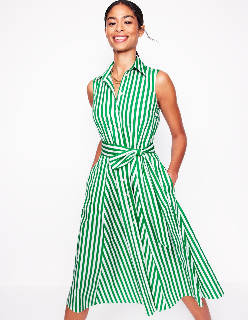 Boden Amy Sleeveless Shirt Dress - Rich Emerald Stripe