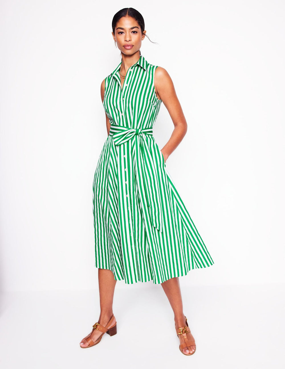 Boden Amy Sleeveless Shirt Dress - Rich Emerald Stripe