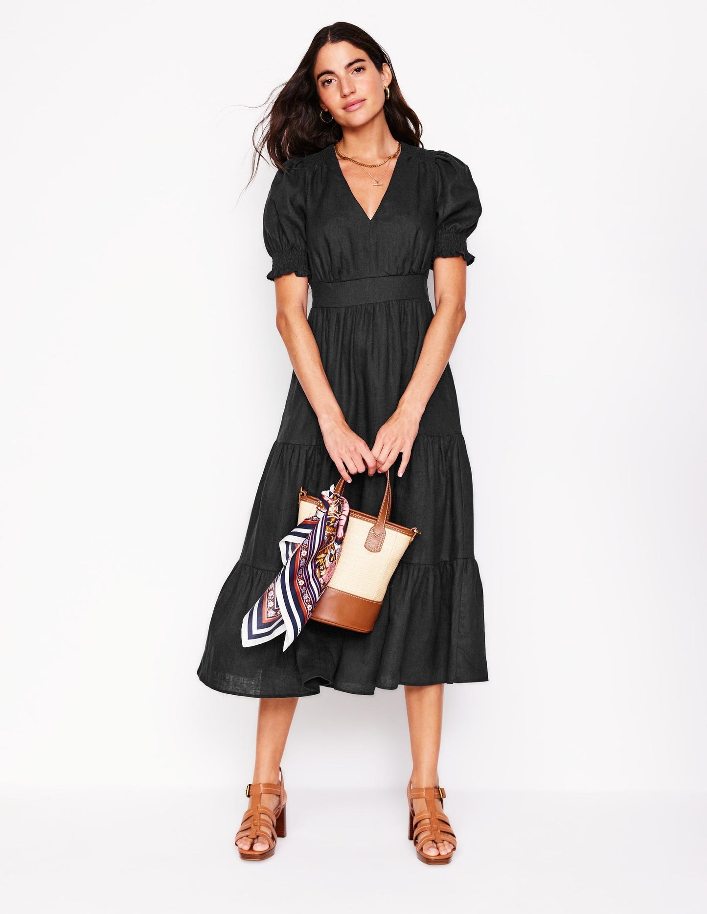 Boden Anna Linen Tiered Midi Dress - Black