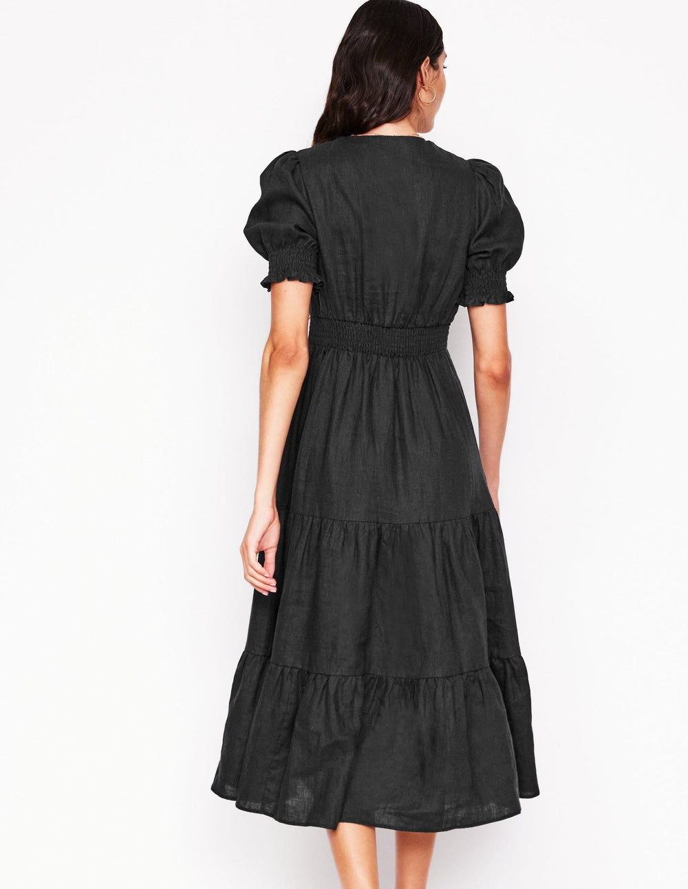 Boden Anna Linen Tiered Midi Dress - Black