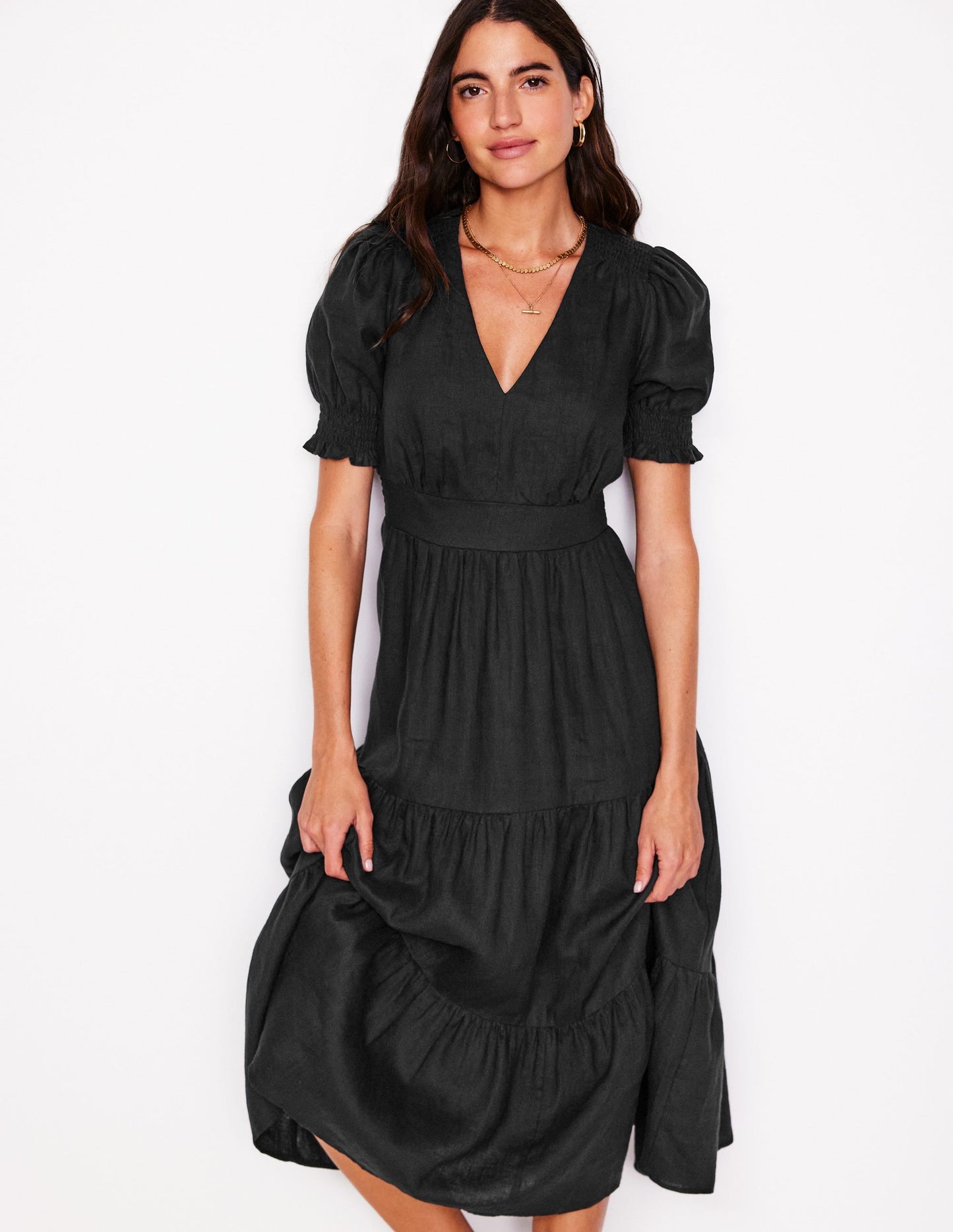 Boden Anna Linen Tiered Midi Dress - Black