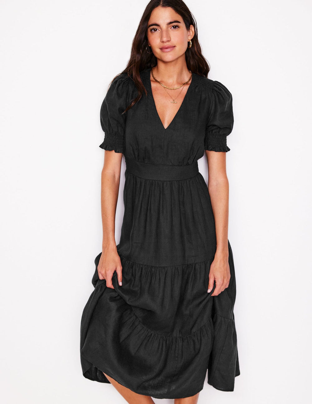 Boden Anna Linen Tiered Midi Dress - Black