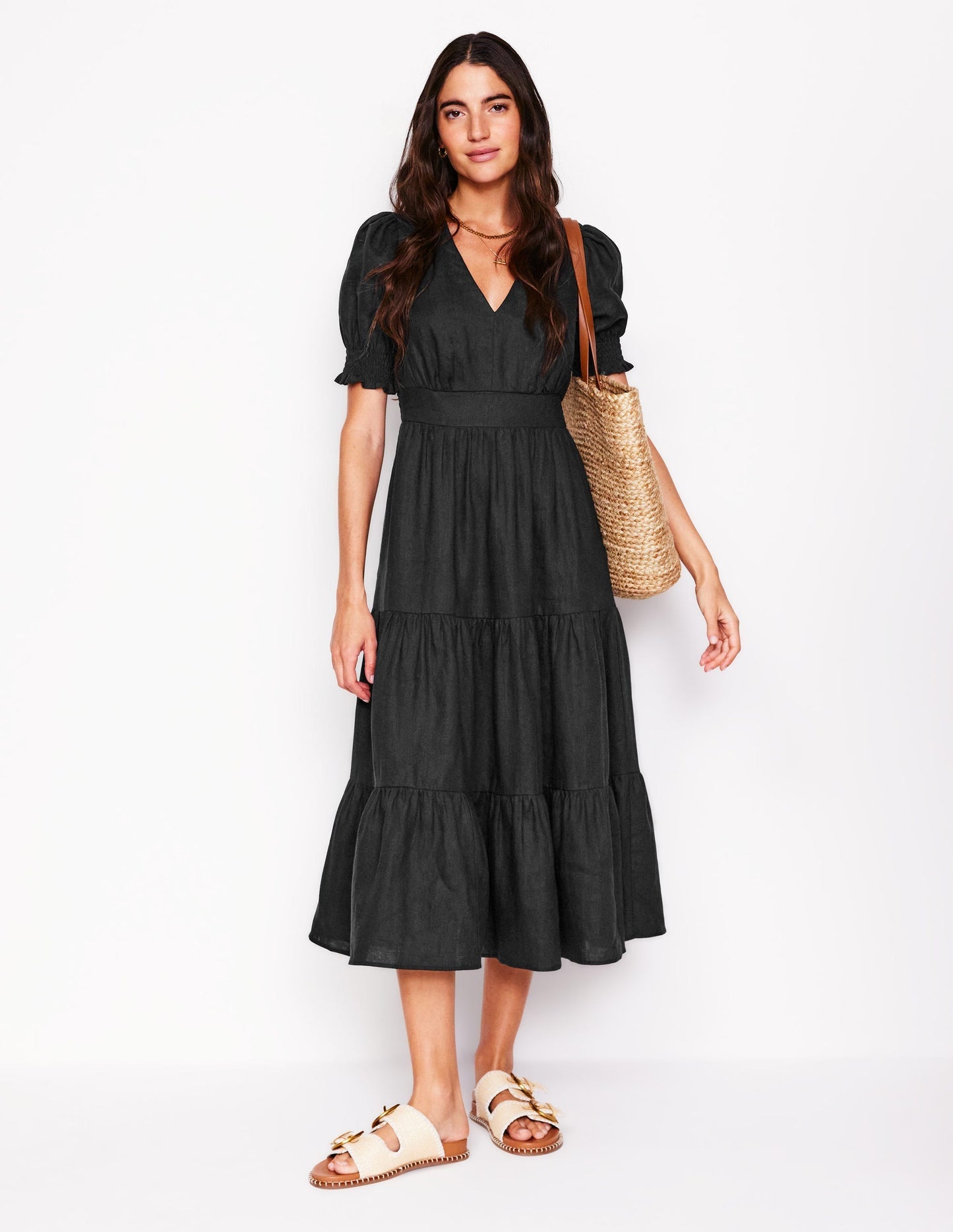 Boden Anna Linen Tiered Midi Dress - Black