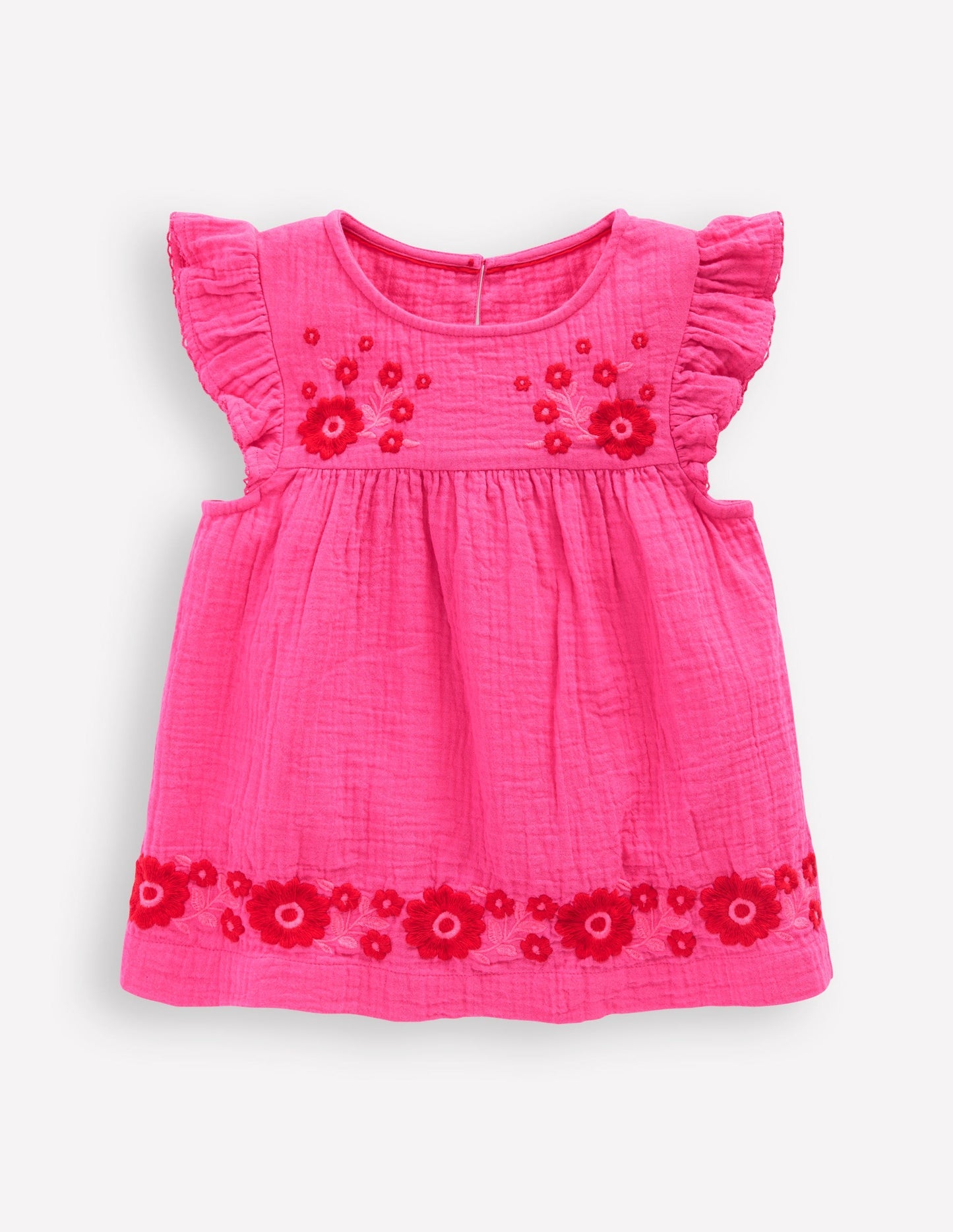 Boden Double Cloth Frill Sleeve Top - Sorbet Pink Embroidered