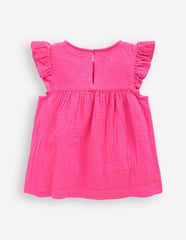 Boden Double Cloth Frill Sleeve Top - Sorbet Pink Embroidered