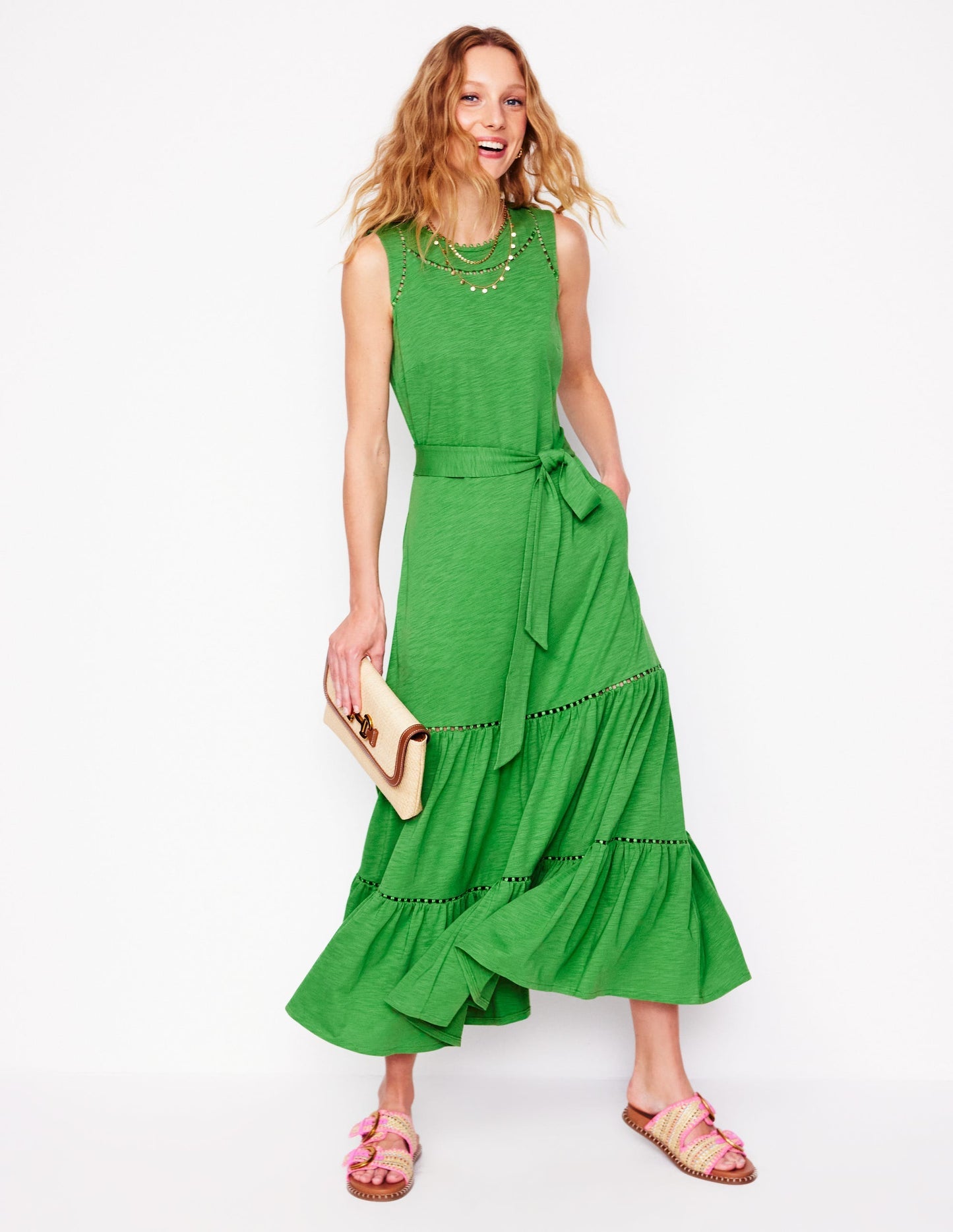 Boden Mila Trim Tiered Jersey Dress - Paradise Green