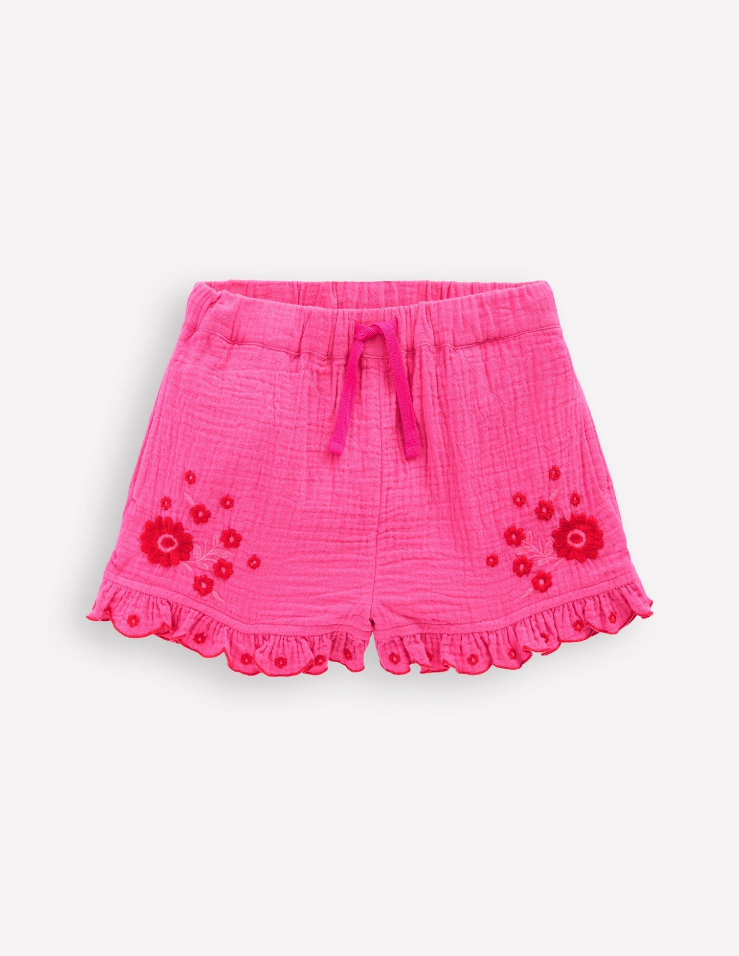 Boden Double Cloth Frill Hem Shorts - Sorbet Pink Embroidered