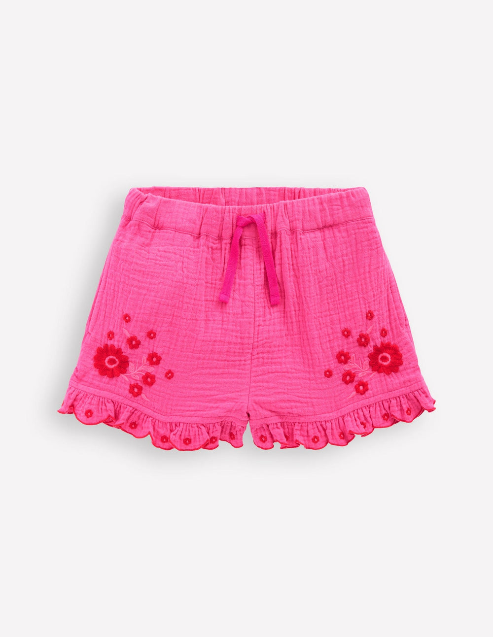 Boden Double Cloth Frill Hem Shorts - Sorbet Pink Embroidered