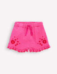 Boden Double Cloth Frill Hem Shorts - Sorbet Pink Embroidered