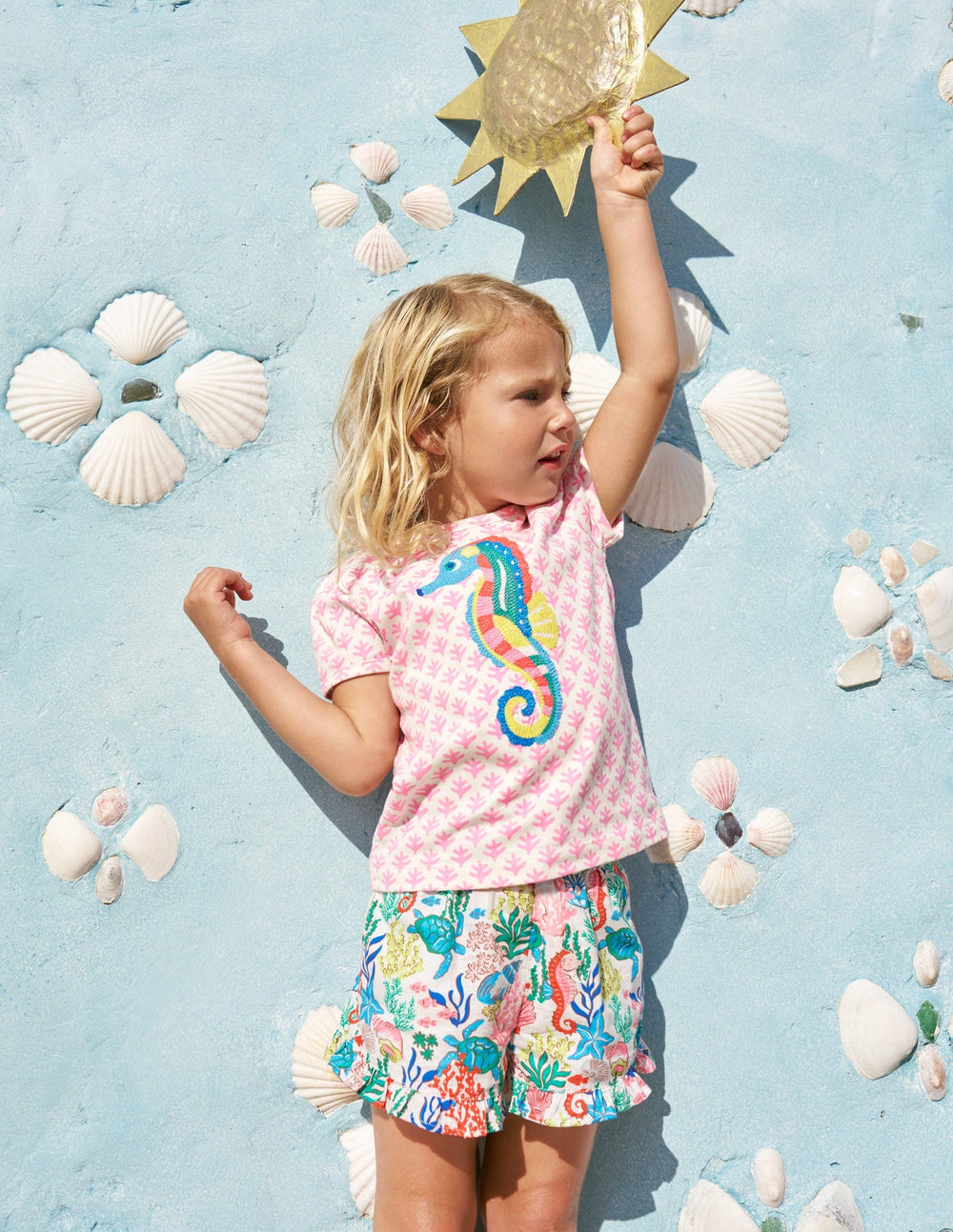 Boden Puff Sleeve Superstitch Top - Pink Woodblock Seahorse