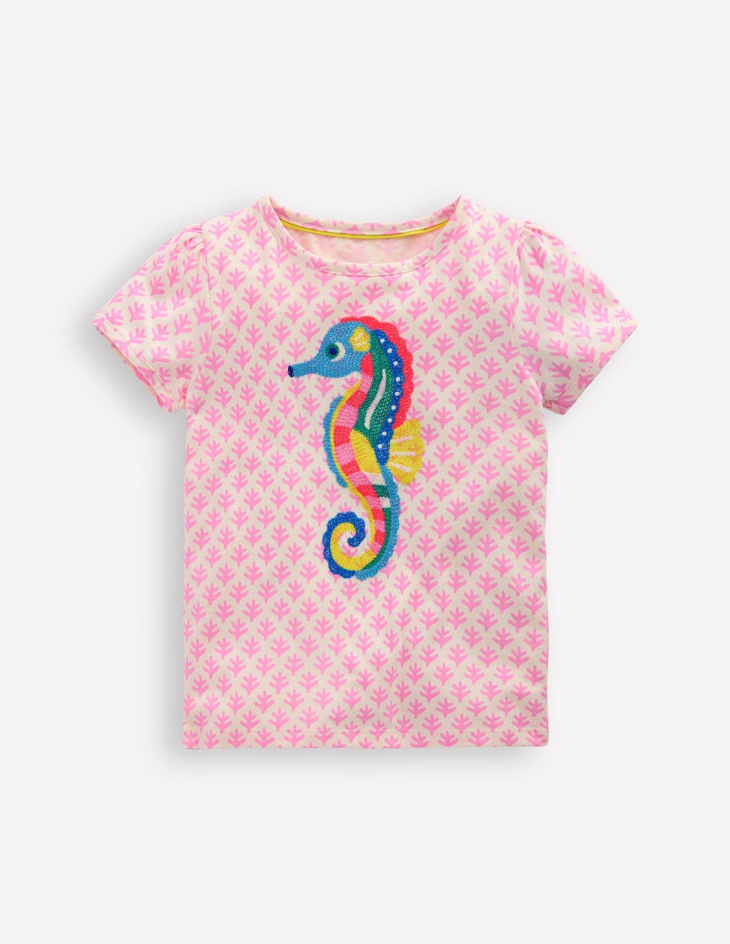 Boden Puff Sleeve Superstitch Top - Pink Woodblock Seahorse
