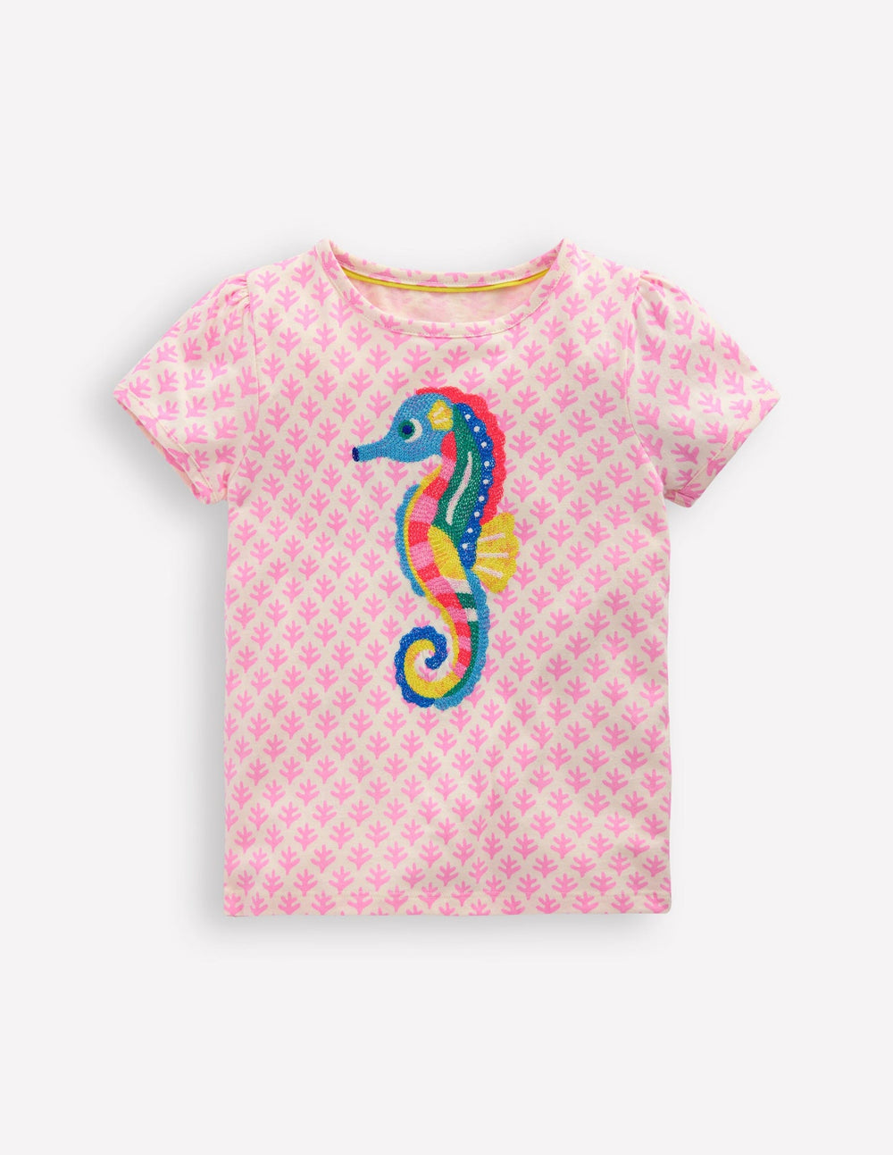 Boden Puff Sleeve Superstitch Top - Pink Woodblock Seahorse
