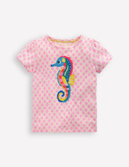 Boden Puff Sleeve Superstitch Top - Pink Woodblock Seahorse