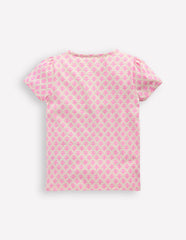 Boden Puff Sleeve Superstitch Top - Pink Woodblock Seahorse