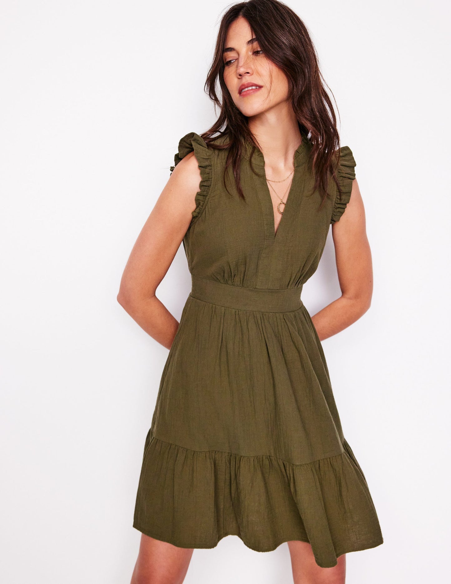 Boden Wren Double Cloth Short Dress - Woodland Green