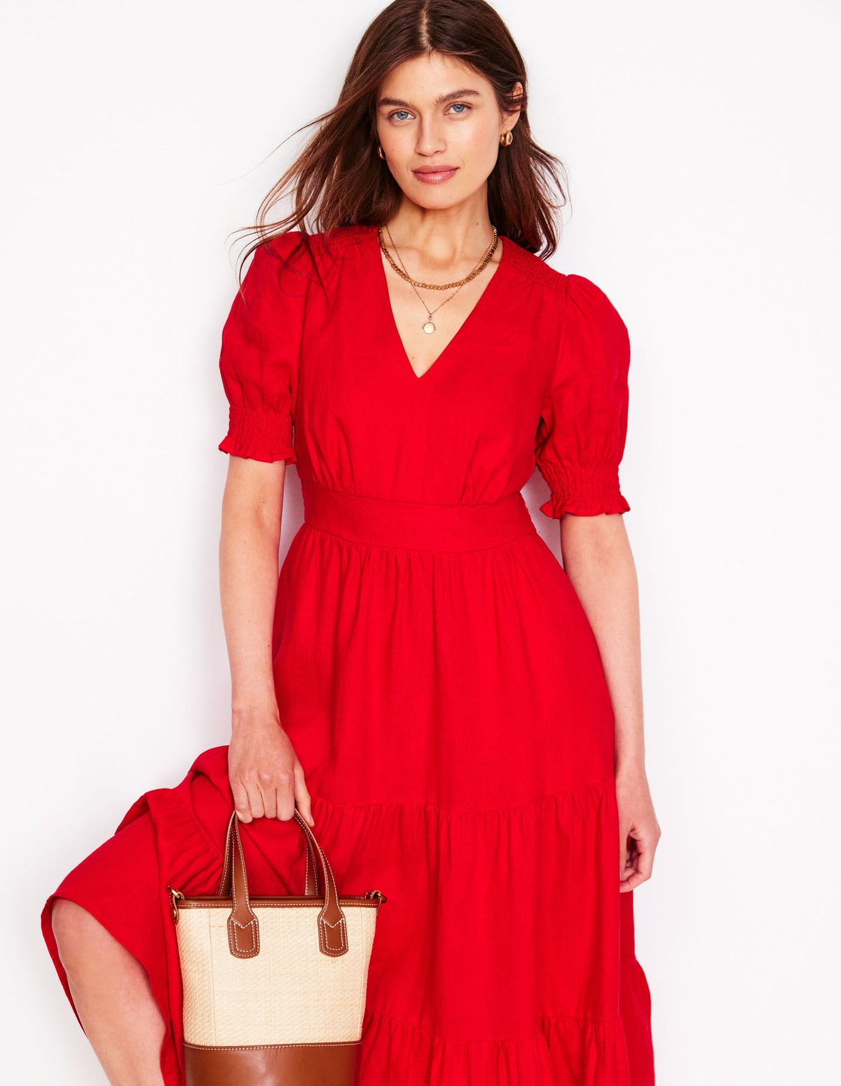 Boden Anna Linen Tiered Midi Dress - Poppy Red