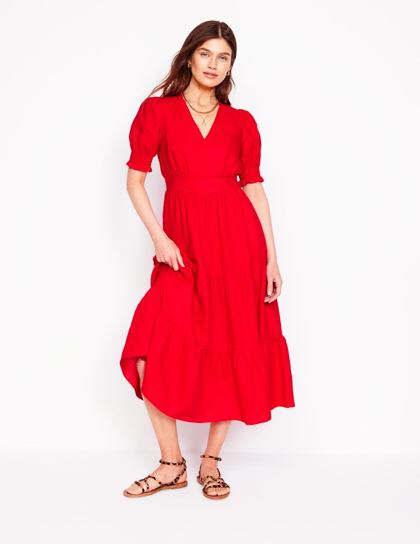 Boden Anna Linen Tiered Midi Dress - Poppy Red