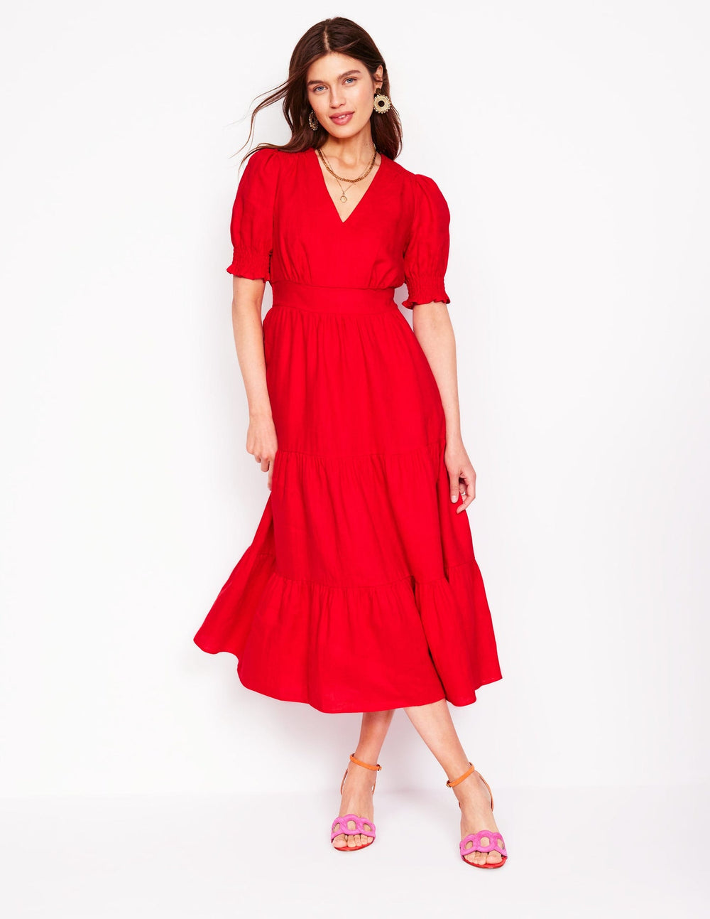 Boden Anna Linen Tiered Midi Dress - Poppy Red