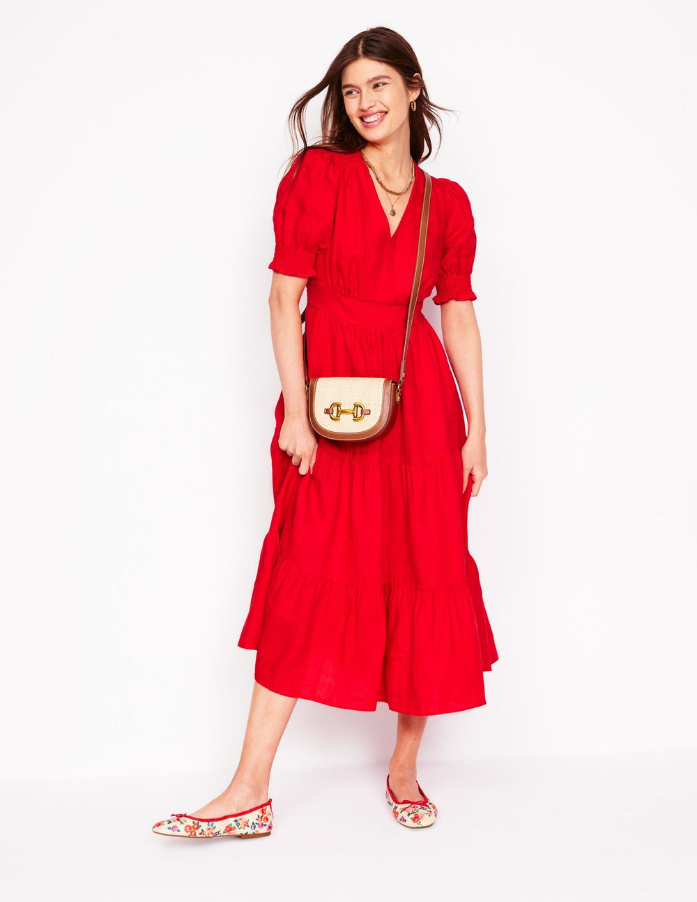 Boden Anna Linen Tiered Midi Dress - Poppy Red