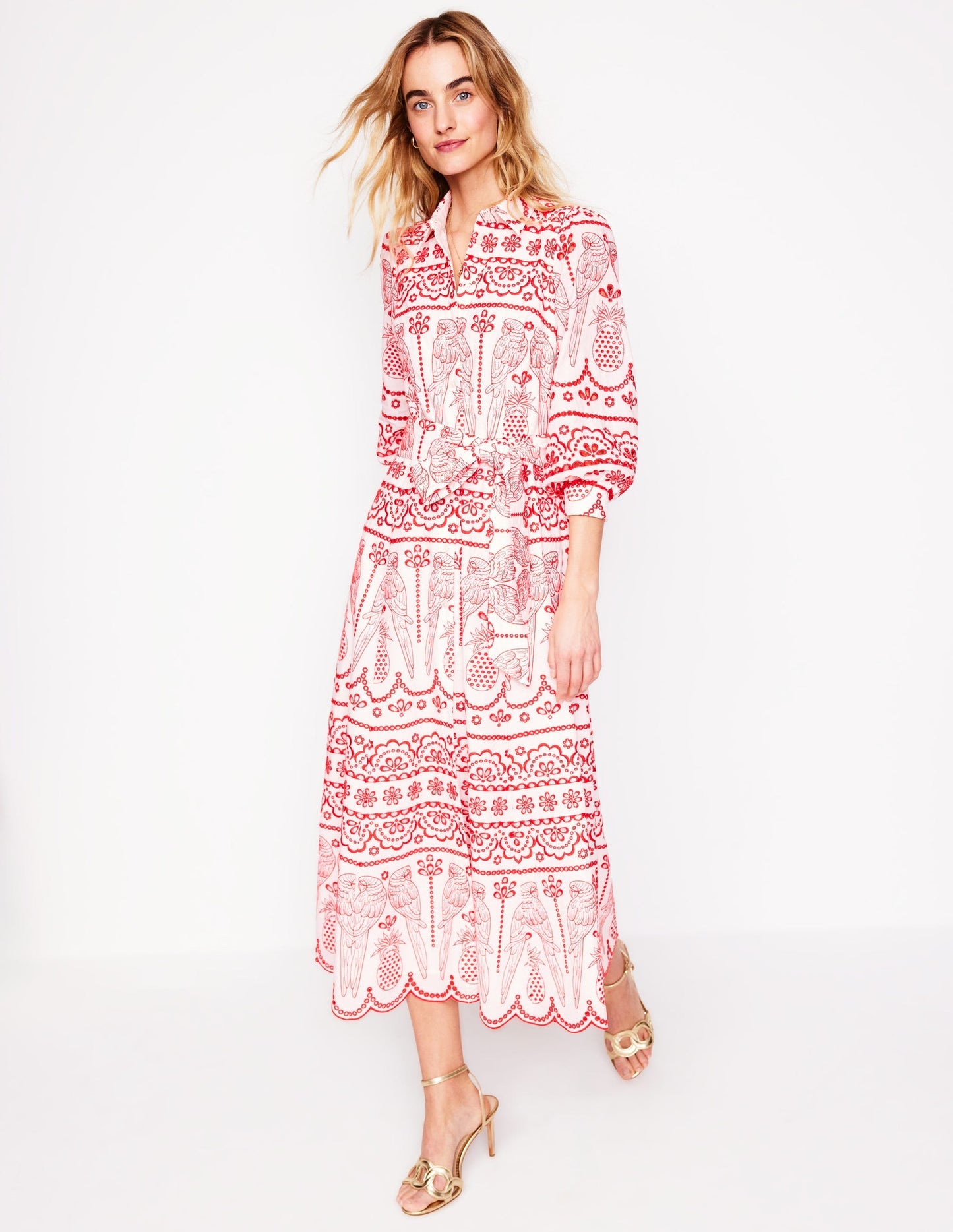 Boden Clara Broderie Shirt Dress - Poppy Red, Parrot Broderie
