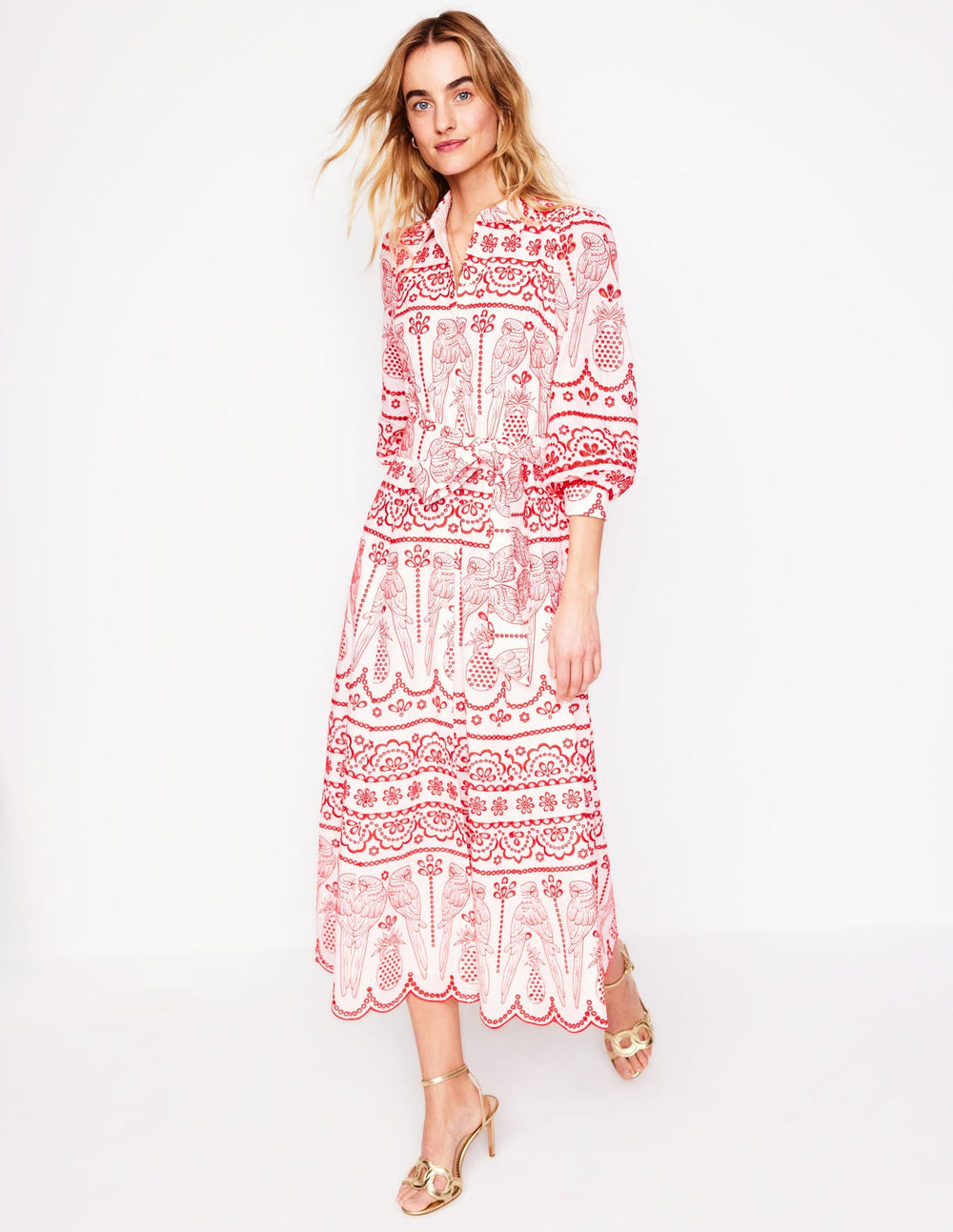 Boden Clara Broderie Shirt Dress - Poppy Red, Parrot Broderie