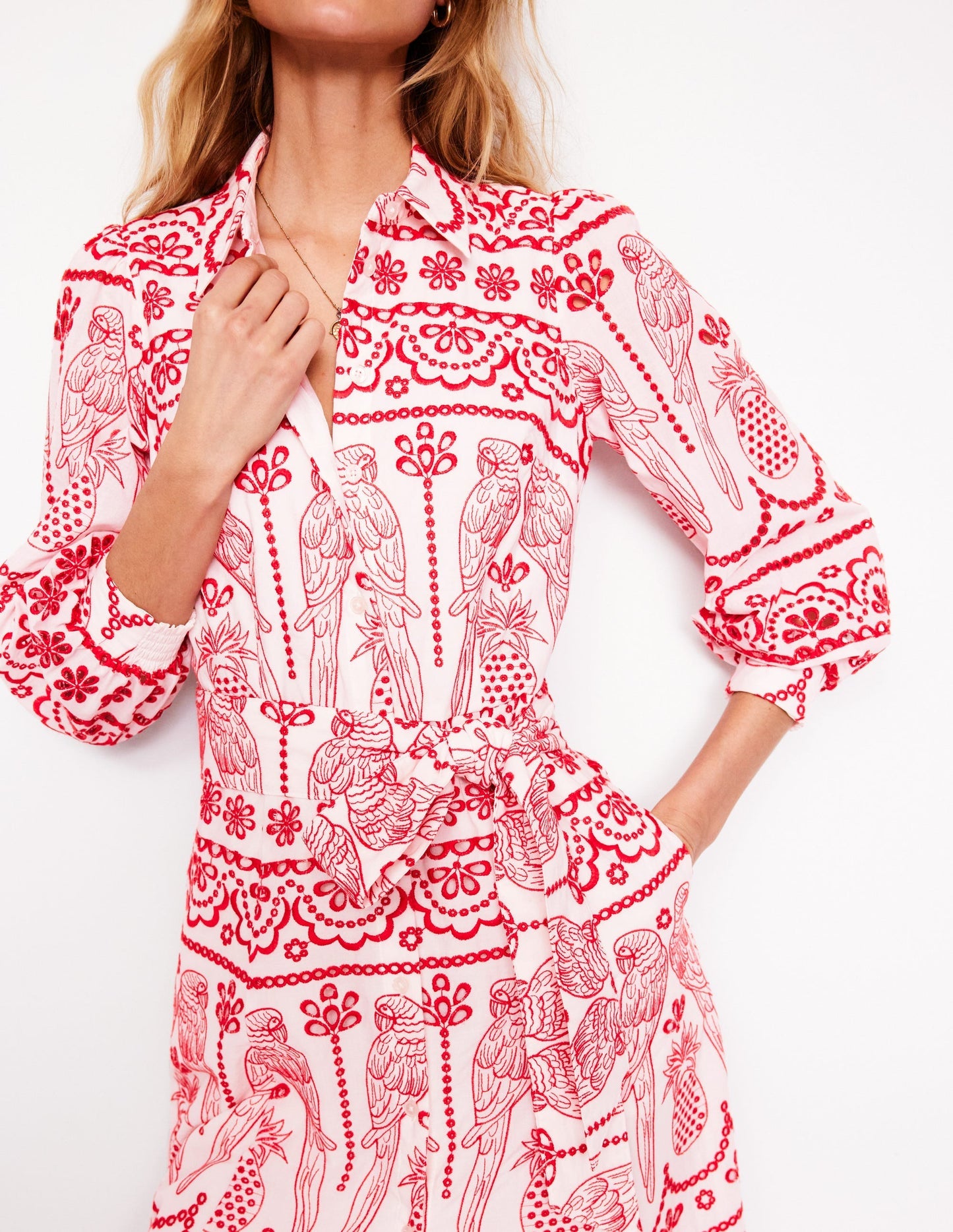 Boden Clara Broderie Shirt Dress - Poppy Red, Parrot Broderie