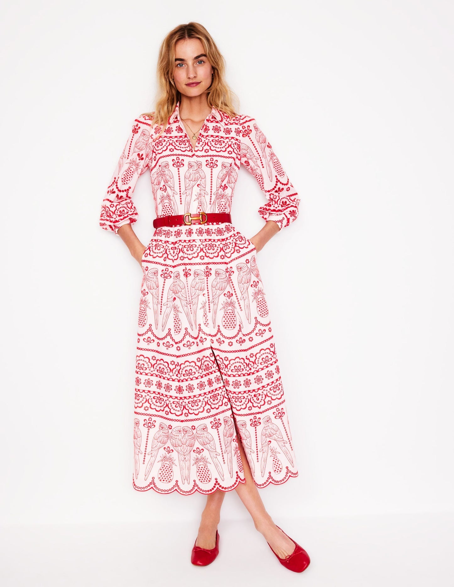 Boden Clara Broderie Shirt Dress - Poppy Red, Parrot Broderie