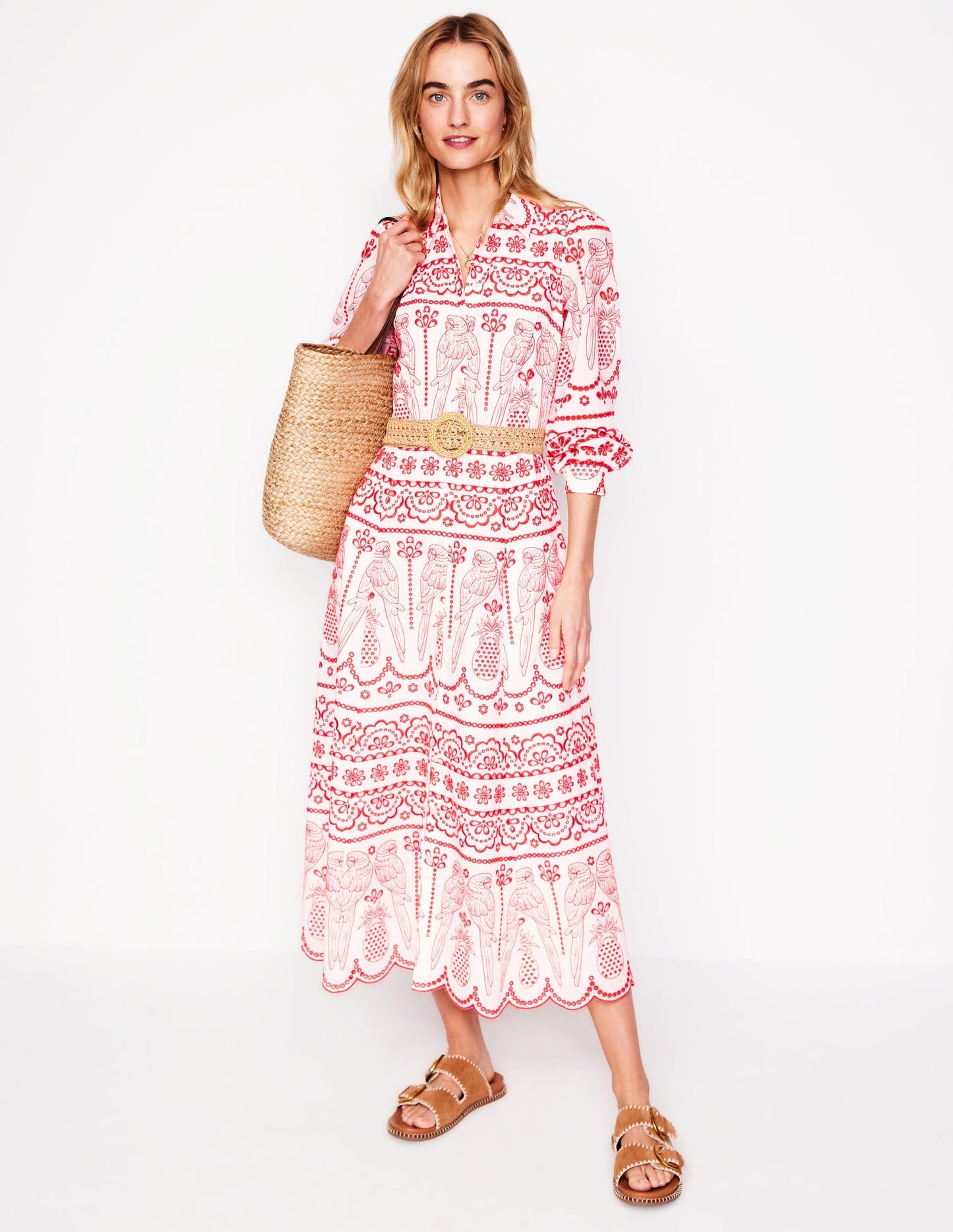 Boden Clara Broderie Shirt Dress - Poppy Red, Parrot Broderie