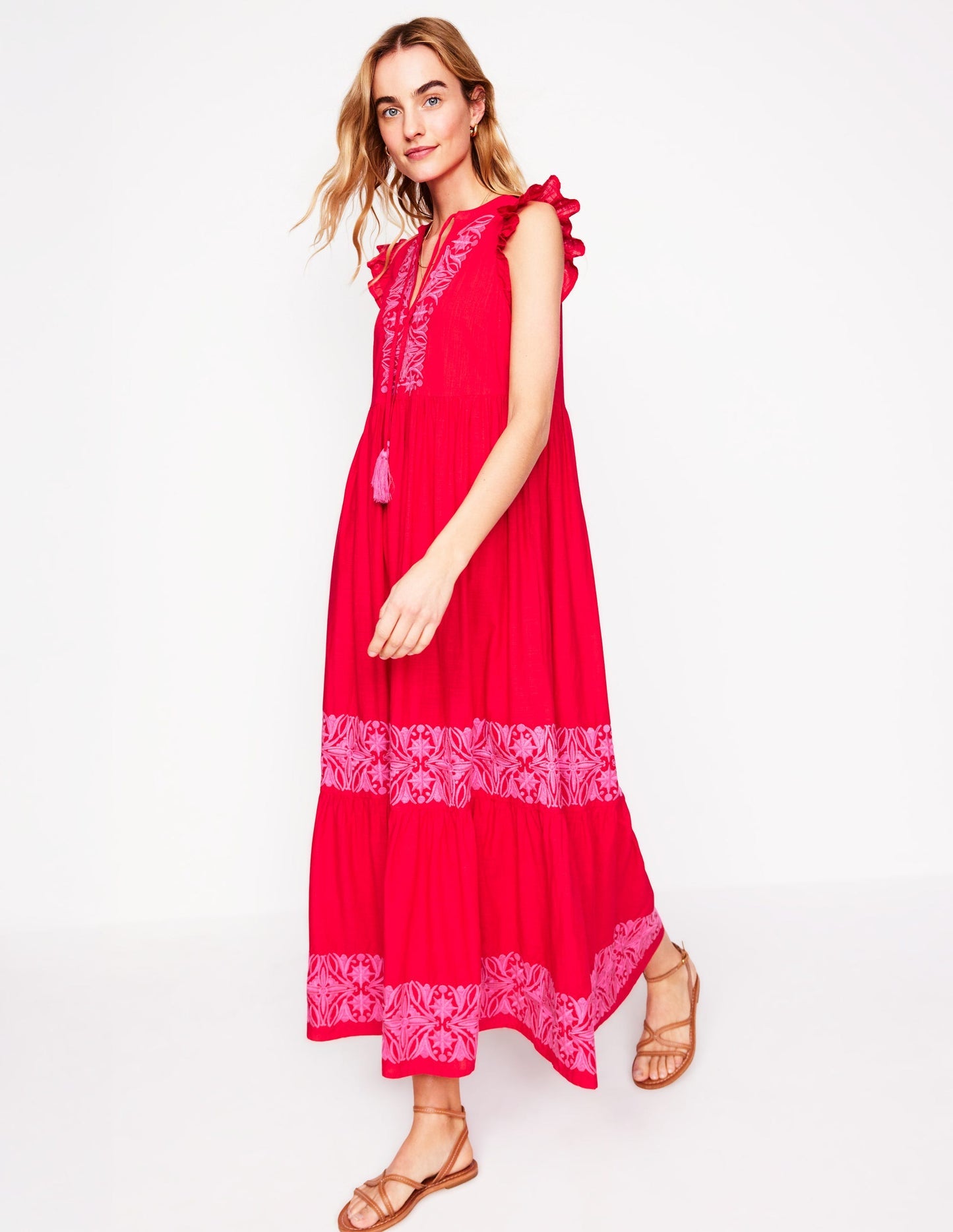 Boden Tie Neck Tier Dress - Poppy Red