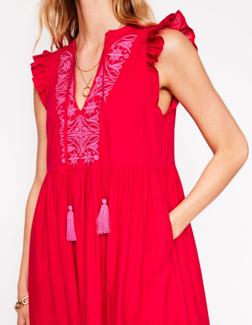 Boden Tie Neck Tier Dress - Poppy Red