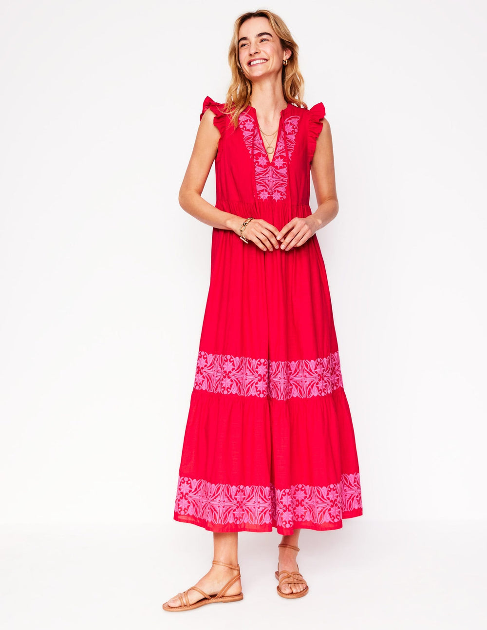 Boden Tie Neck Tier Dress - Poppy Red