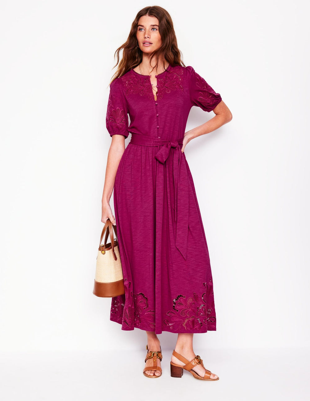Boden Cutwork Detail Midi Dress - Rich Magenta