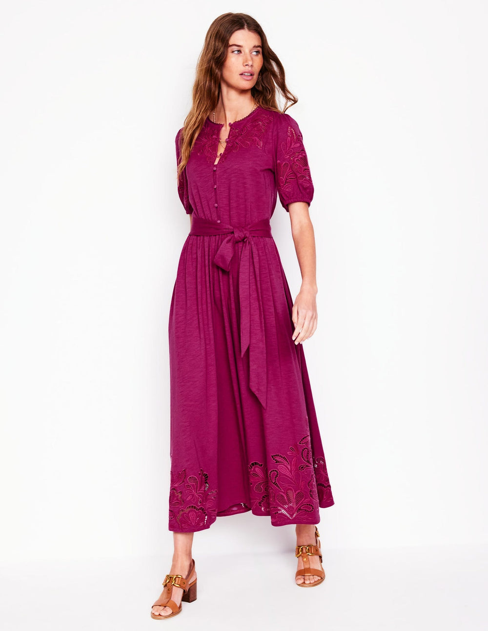 Boden Cutwork Detail Midi Dress - Rich Magenta